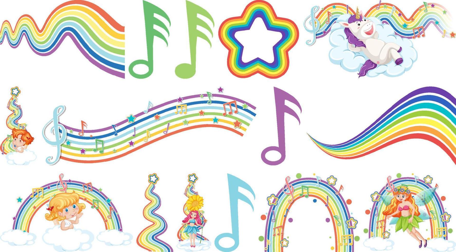 Set of fantasy fairies and cupids with rainbow elements vector