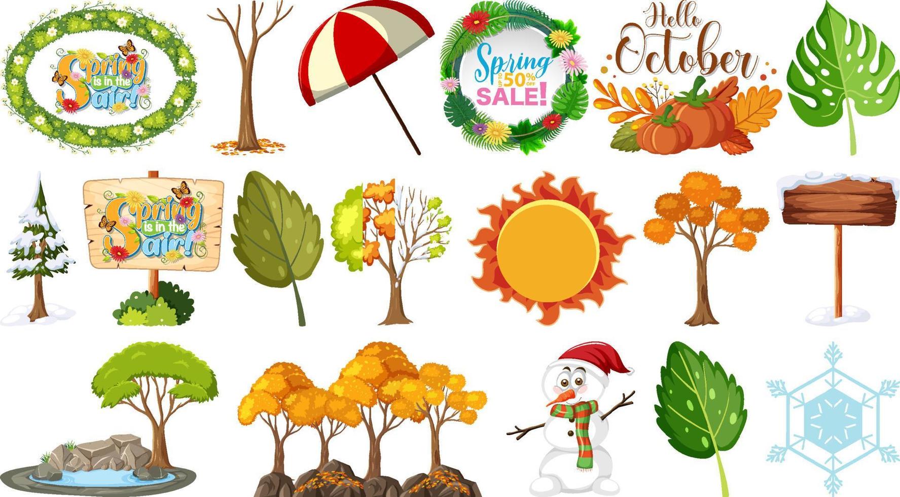 Set of four seasons trees and nature objects vector