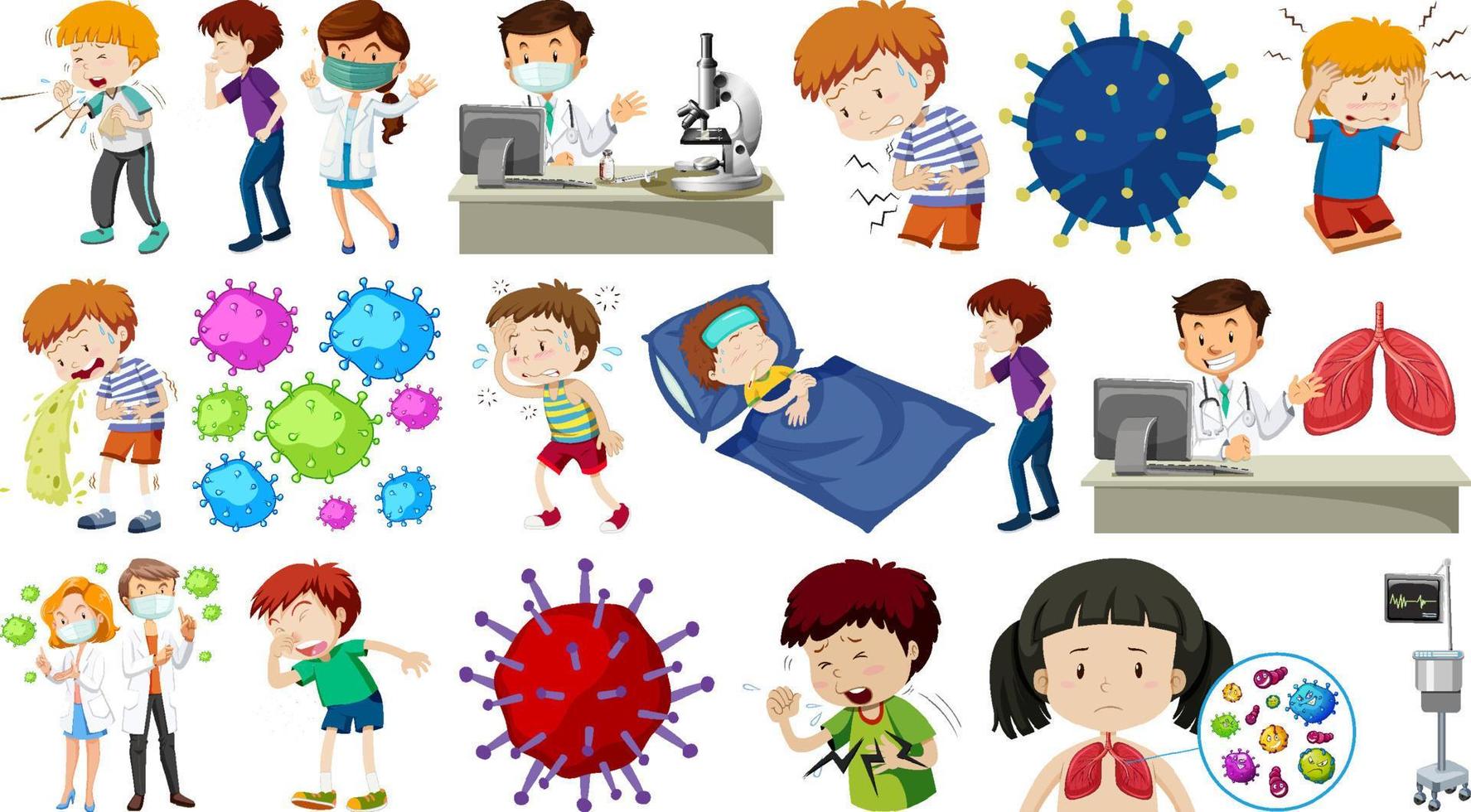 Set of sick people with different symptoms vector