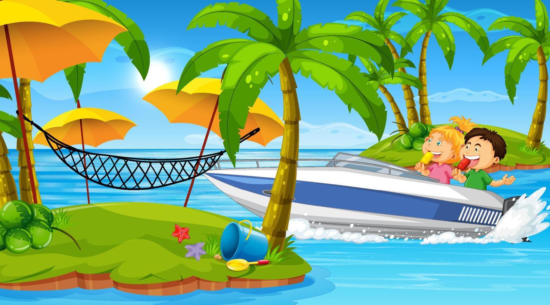 Ocean scenery with happy children on speedboat vector