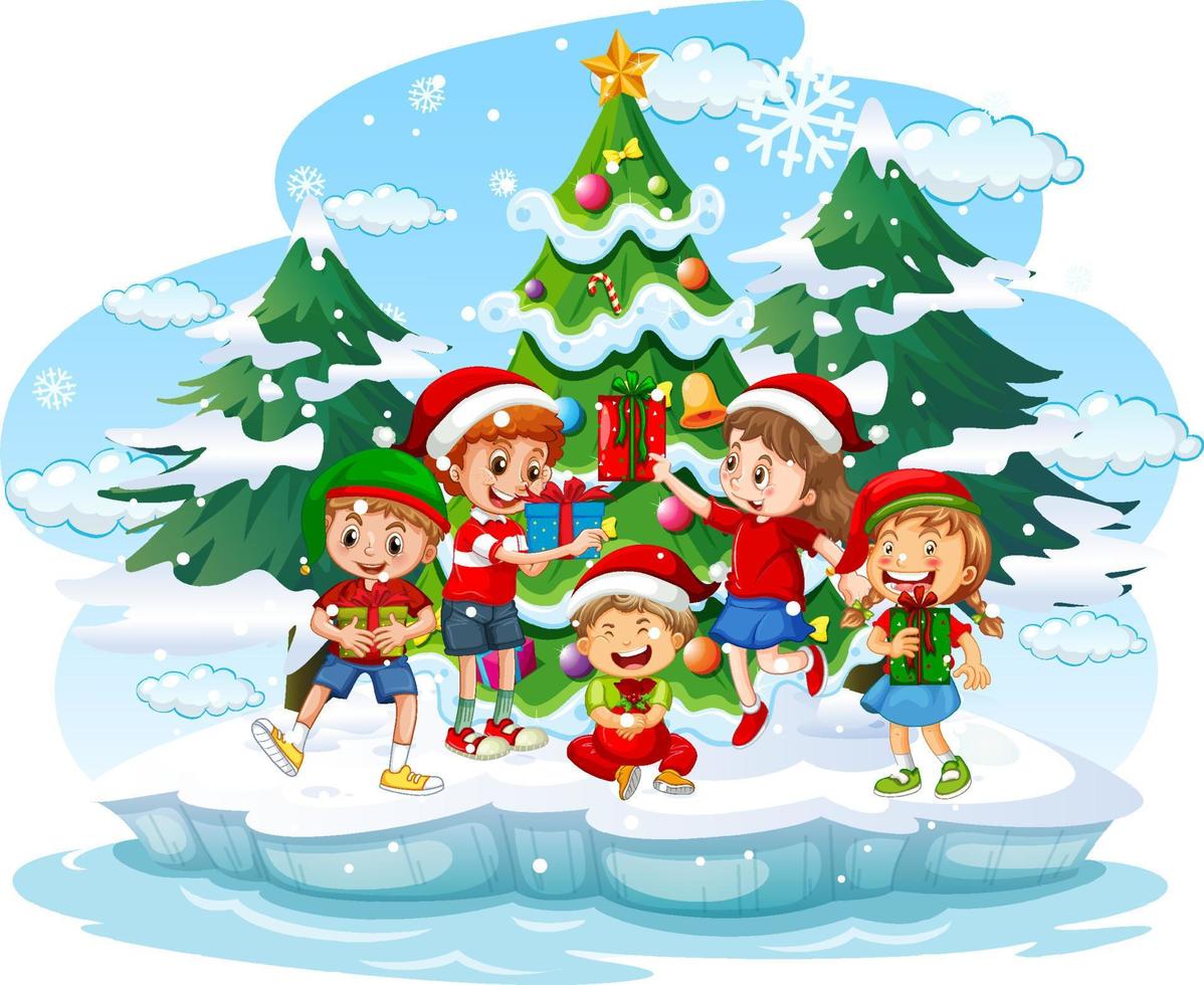 Snowy day with children in Christmas theme vector