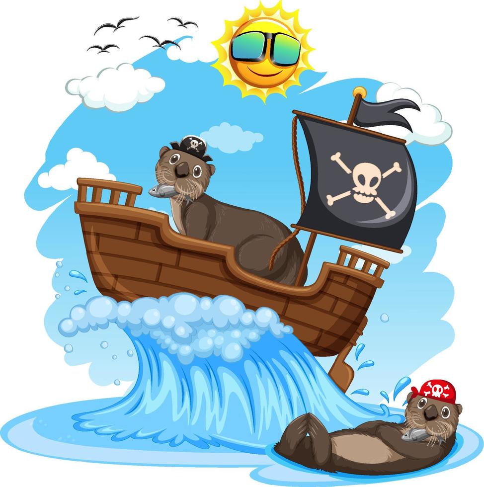 nutrias en barco pirata con ola oceánica vector