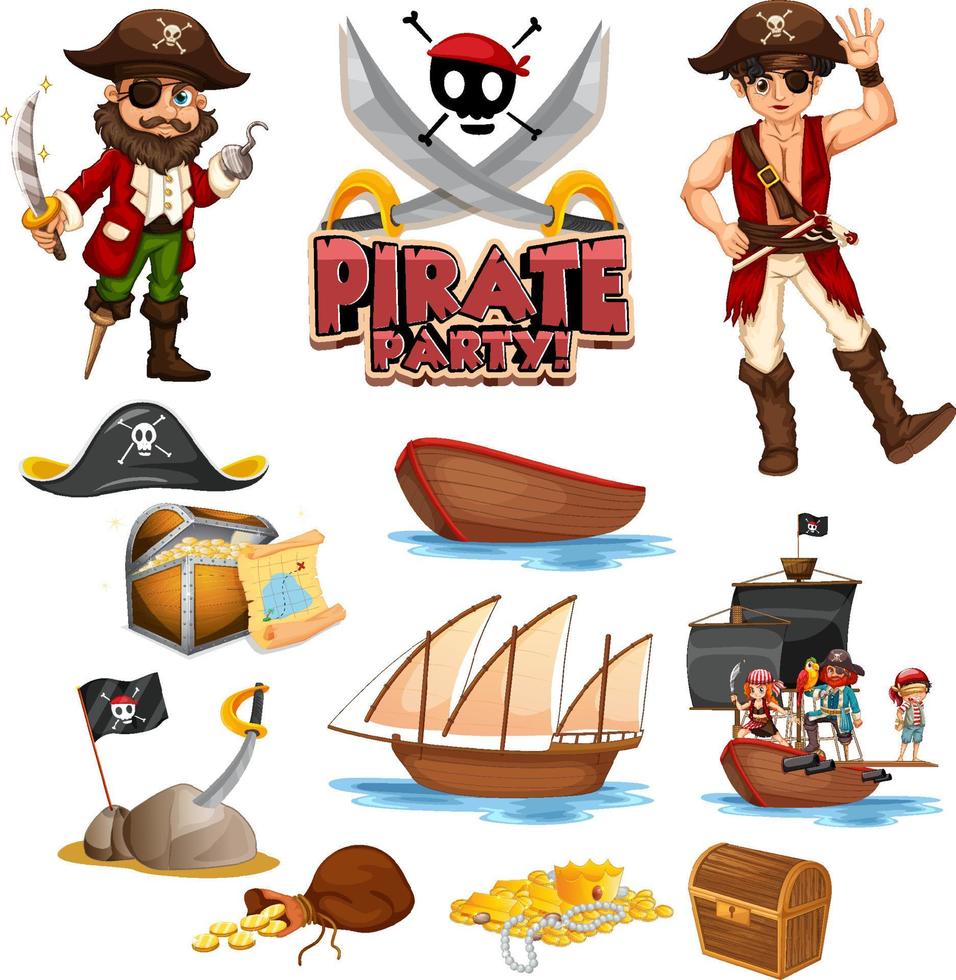 conjunto de personajes y objetos de dibujos animados piratas vector