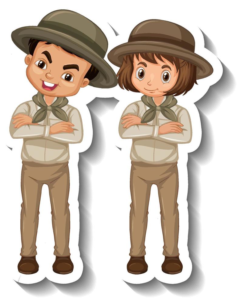 pareja de niños usan traje de safari pegatina de personaje de dibujos animados vector