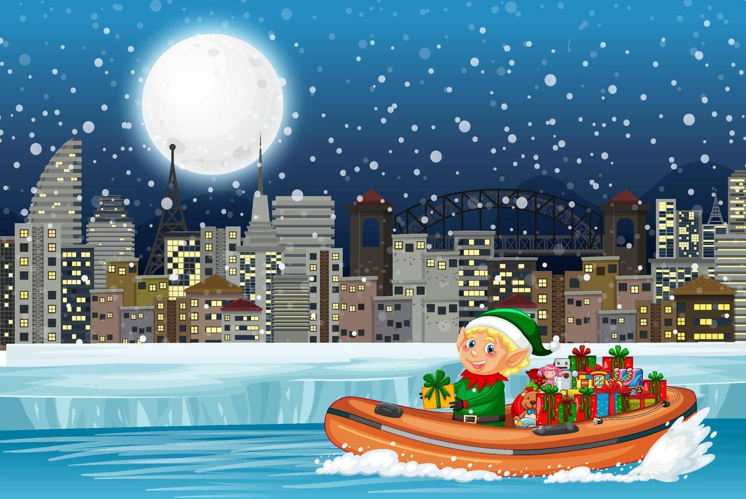 noche nevada con un lindo elfo entregando regalos en lancha rápida vector