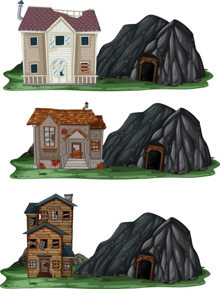 Conjunto de diferentes casas abandonadas con cueva de roca. vector