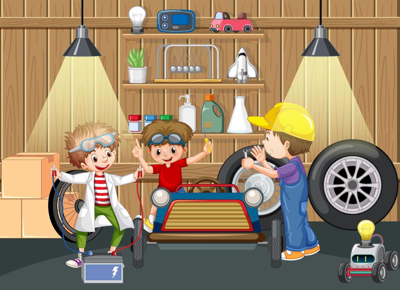 niños reparando un coche juntos en el garaje. vector