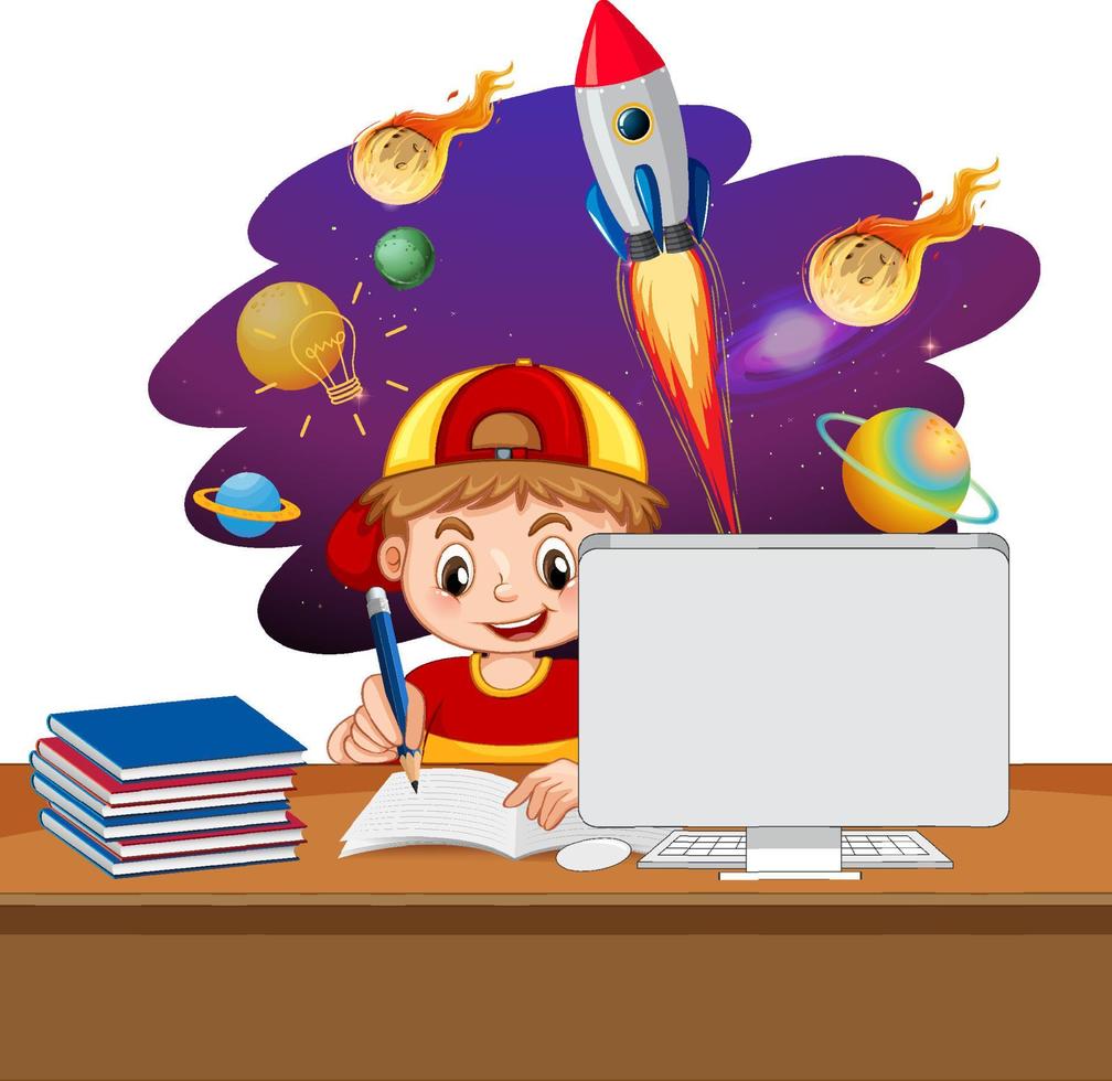 Young boy studying in front of laptop with space objects vector