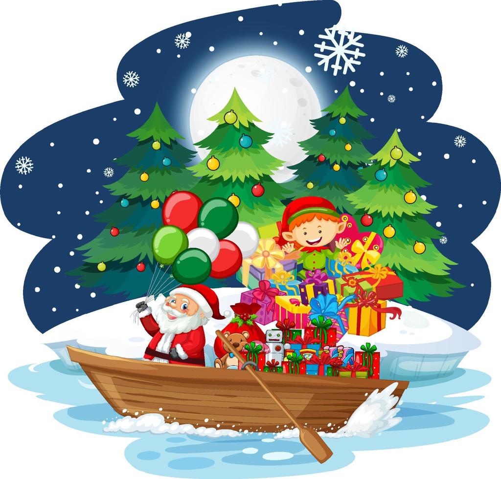 Snowy night with Santa Claus delivering gifts by boat vector