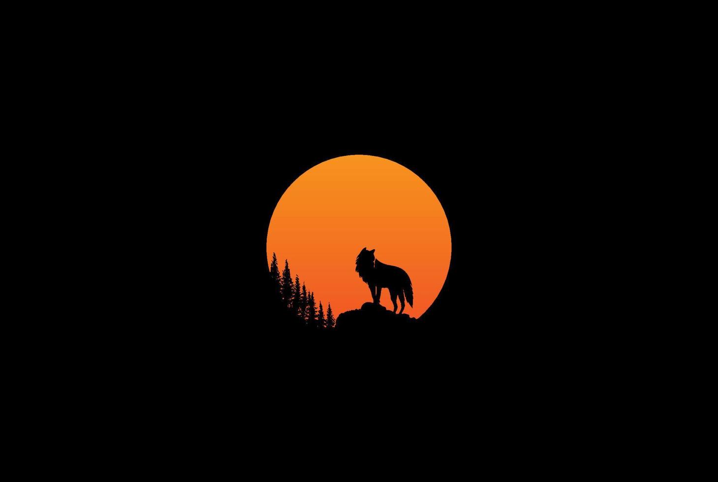 Sunset Sunrise with Wolf Jackal and Mountain Forest Logo Design Vector