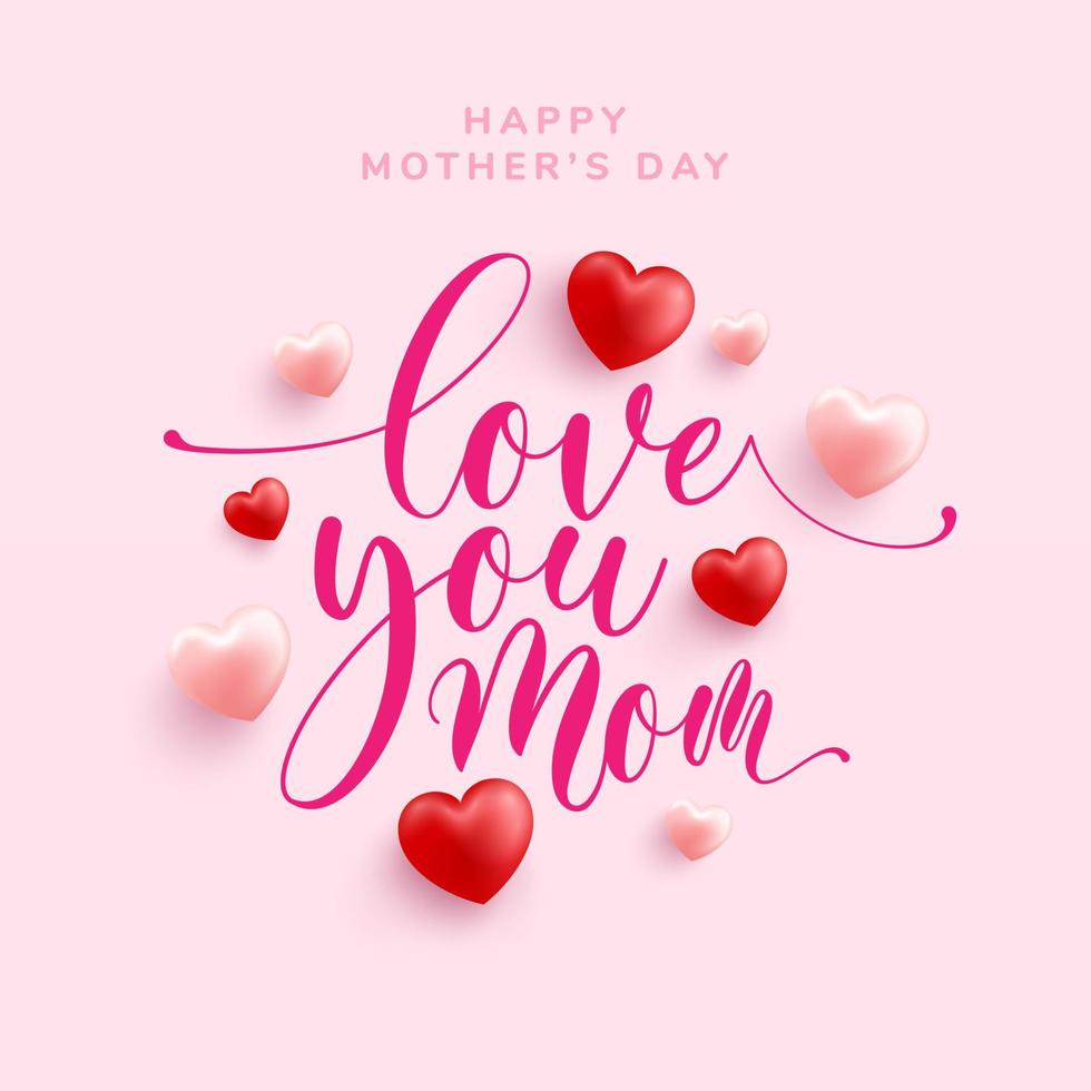 te amo mamá palabra letras dibujadas a mano y caligrafía con corazón rojo y rosa sobre fondo rosa. plantilla o fondo del día de la madre para el amor y el concepto del día de la madre vector