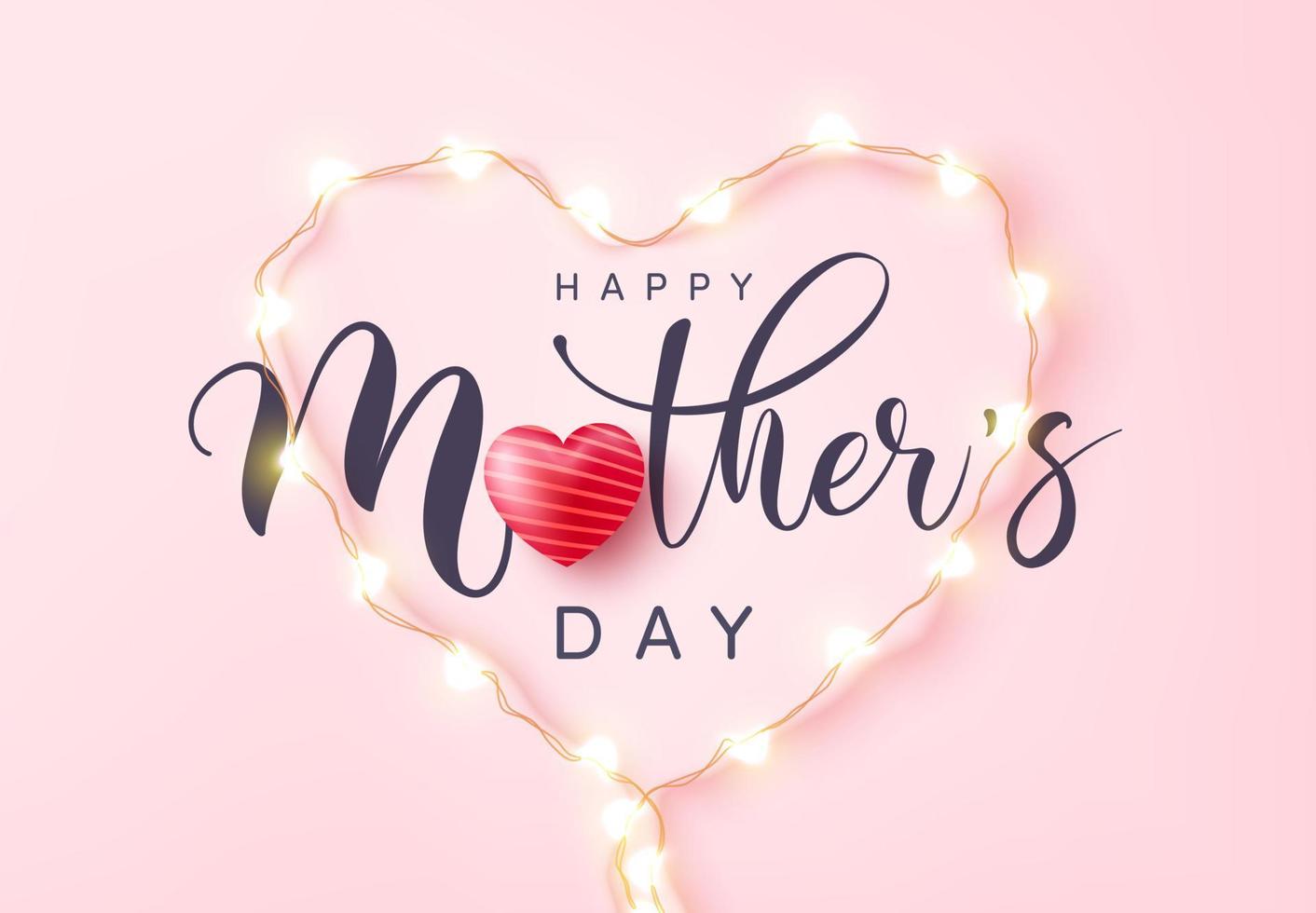Mother's Day Poster or banner with love heart and symbol of heart from LED lights on pink background.Promotion and shopping template or background for Love and Mother's day concept. vector