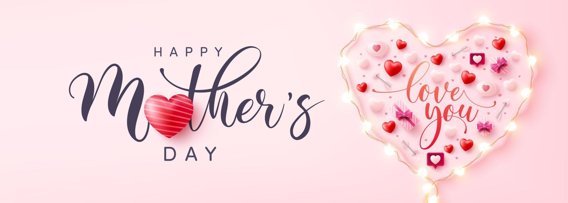 Mother's Day Poster or banner with love heart and symbol of heart from LED lights on pink background.Promotion and shopping template or background for Love and Mother's day concept. vector