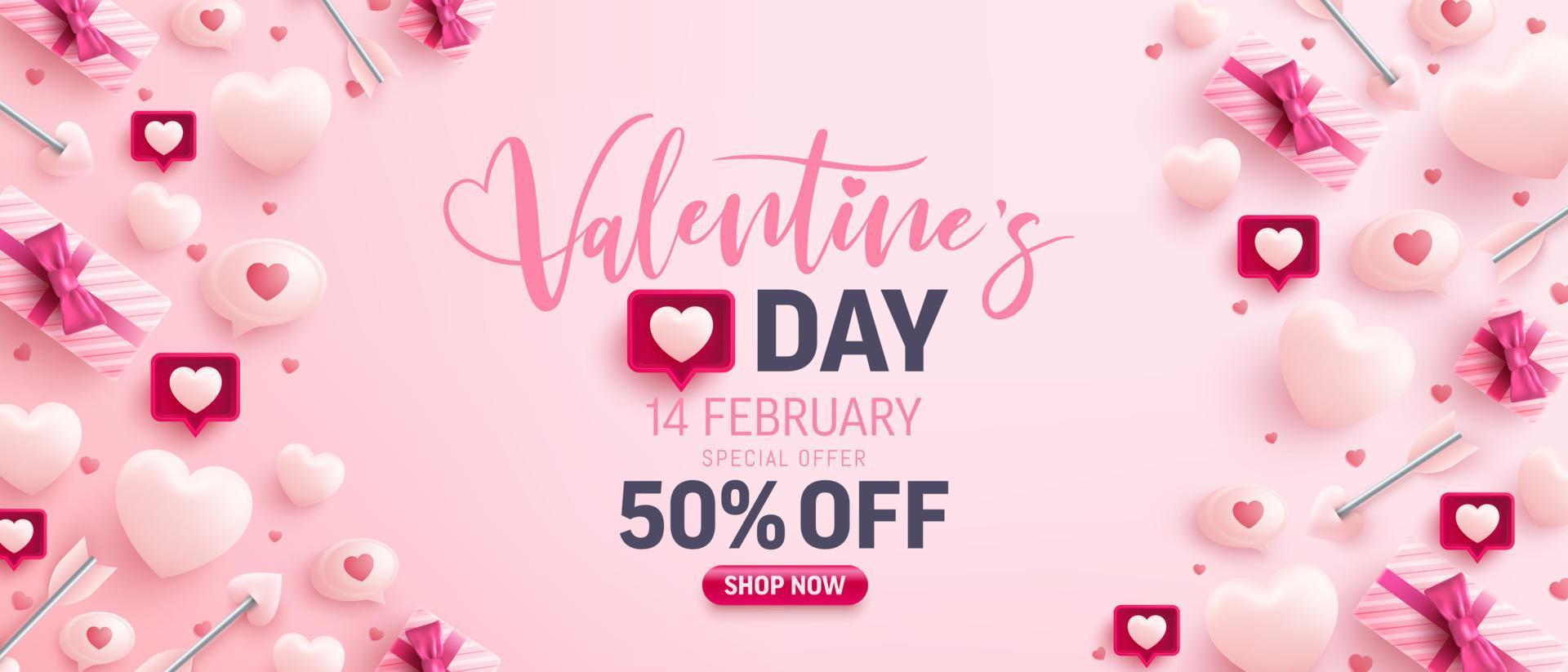 banner de venta del día de san valentín para el sitio web de redes sociales con corazones dulces, burbujas de discurso y elementos de san valentín sobre fondo rosa. promoción y plantilla de compras para el concepto de amor y día de san valentín. vector