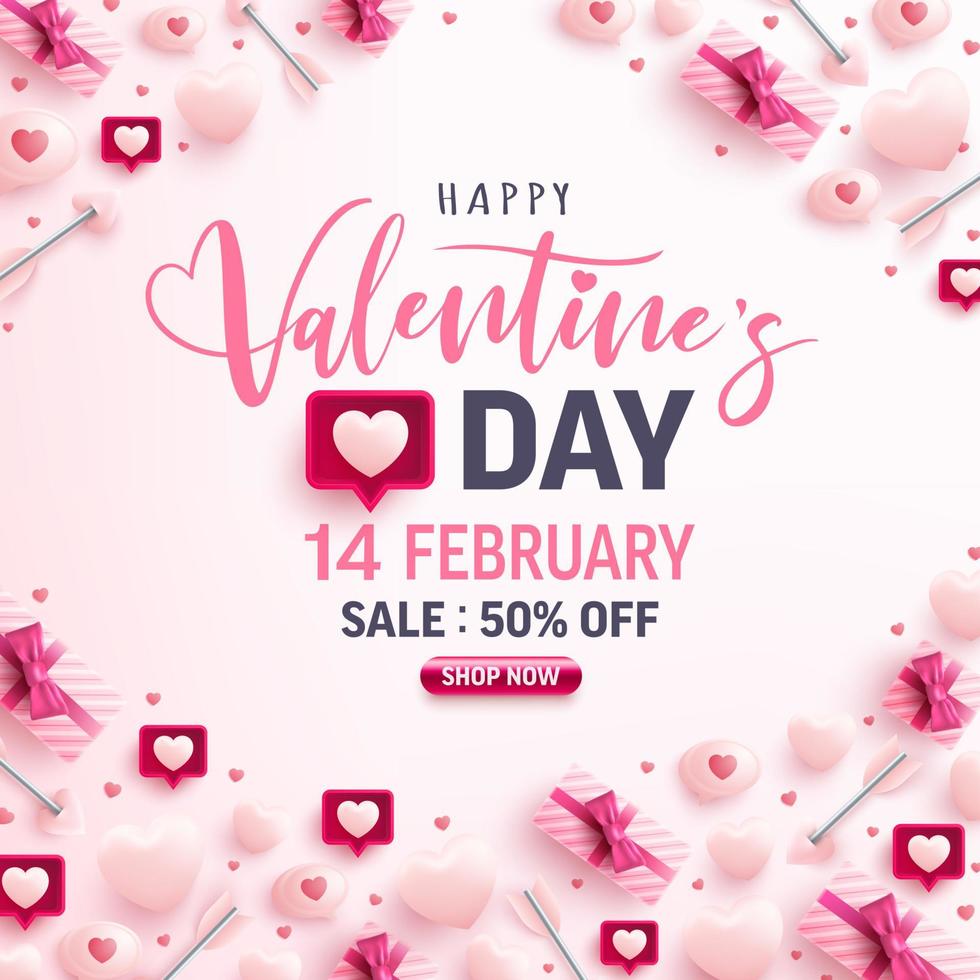 Valentine's Day Sale banner for social media website with sweet hearts,speech bubble and valentine elements on pink background.Promotion and shopping template for love and Valentine's day concept. vector