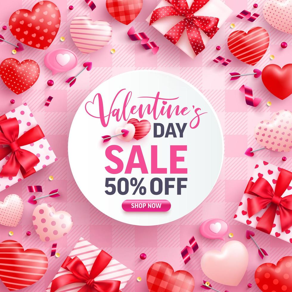Valentine's Day Sale Poster or banner with cute gift box,sweet hearts and valentine elements on pink background.Promotion and shopping template for Love and Valentine's day concept. vector