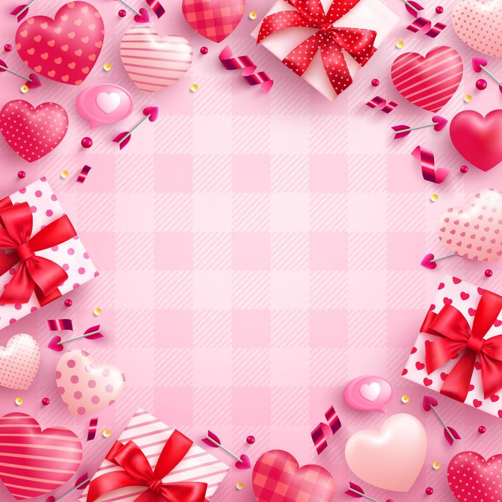 fondo del día de san valentín con linda caja de regalo, corazones dulces y elementos de san valentín sobre fondo rosa. promoción y plantilla de compras o fondo para el amor y el concepto del día de san valentín. vector