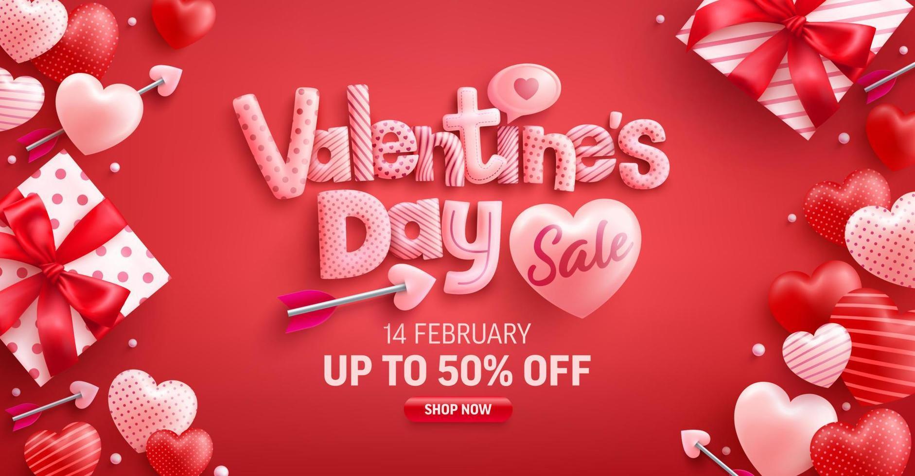 Valentine's Day Sale Poster or banner with cute gift box and sweet hearts on red background.Promotion and shopping template or background for Love and Valentine's day concept. vector