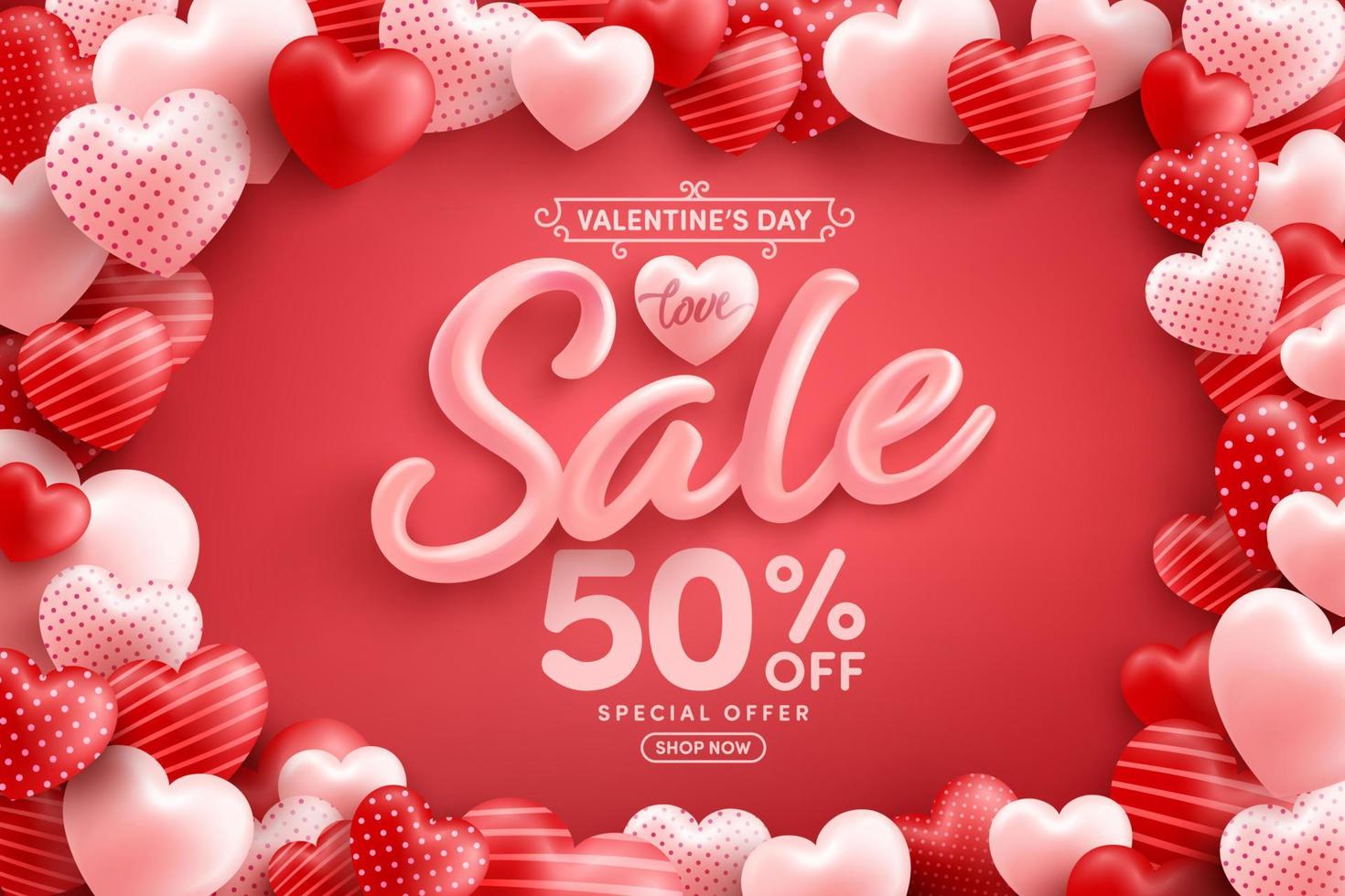 cartel o pancarta de venta del día de san valentín con muchos corazones dulces sobre fondo rojo. promoción y plantilla de compras o fondo para el concepto de amor y día de san valentín. vector