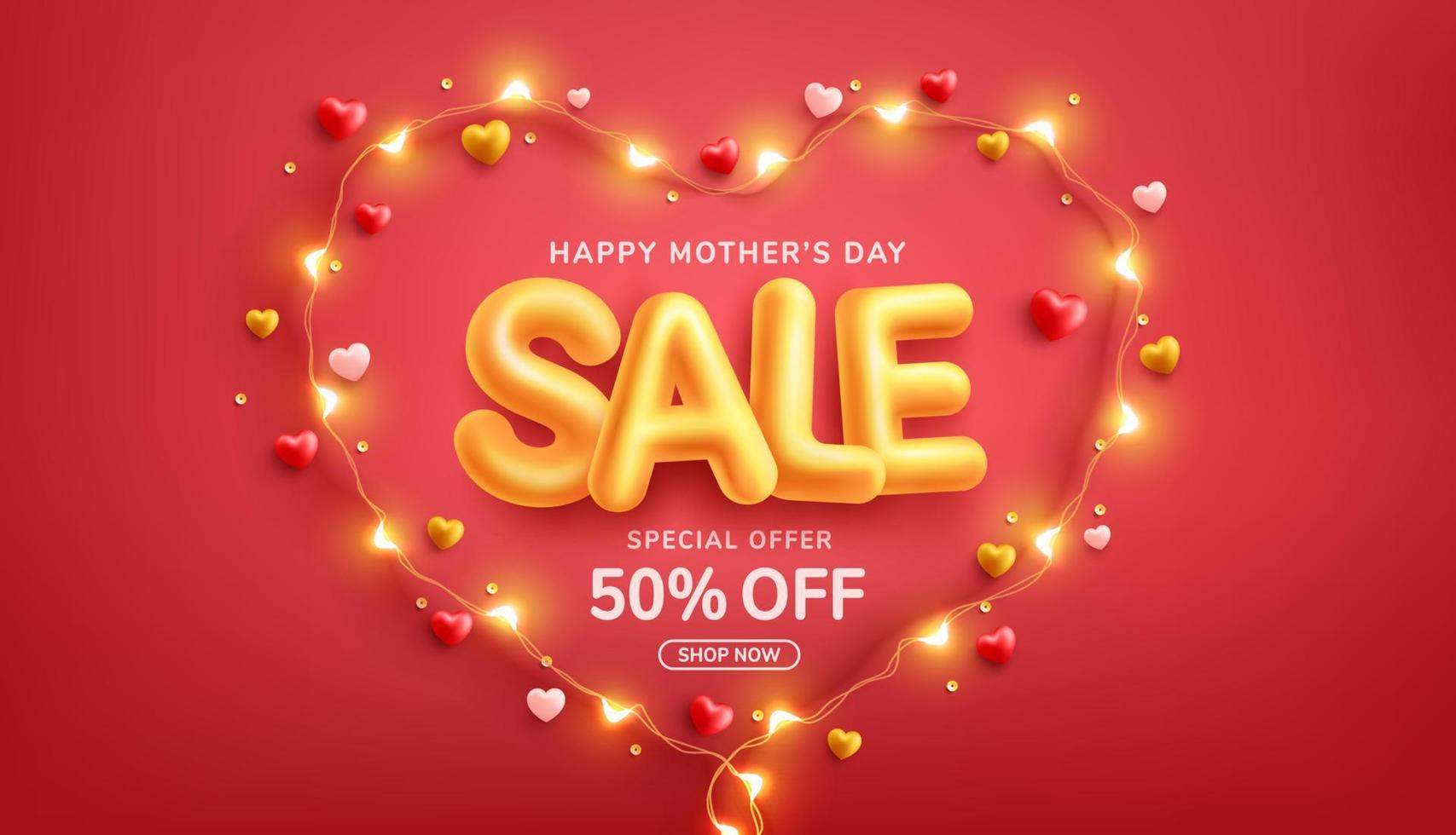 Mother's Day Sale Poster or banner with love heart and symbol of heart from LED lights on red background.Promotion and shopping template or background for Love and Mother's day concept. vector