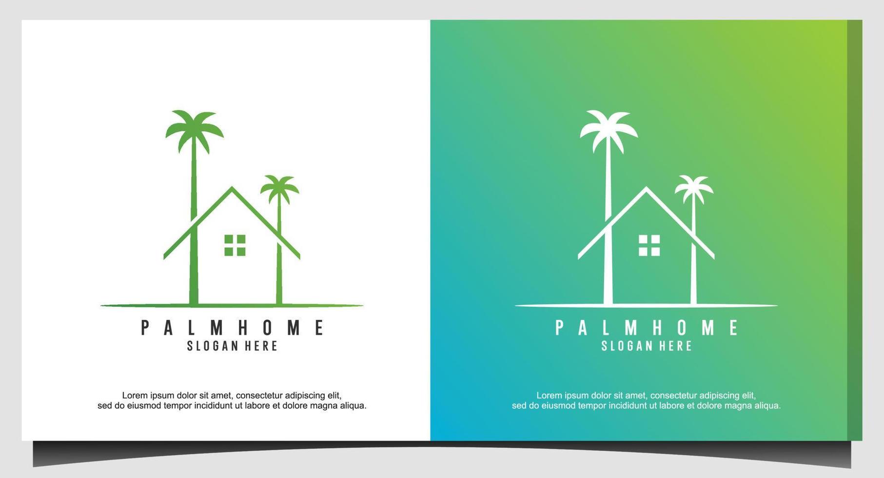 playa de vacaciones con palma de árbol y diseño de logotipo de casa vector