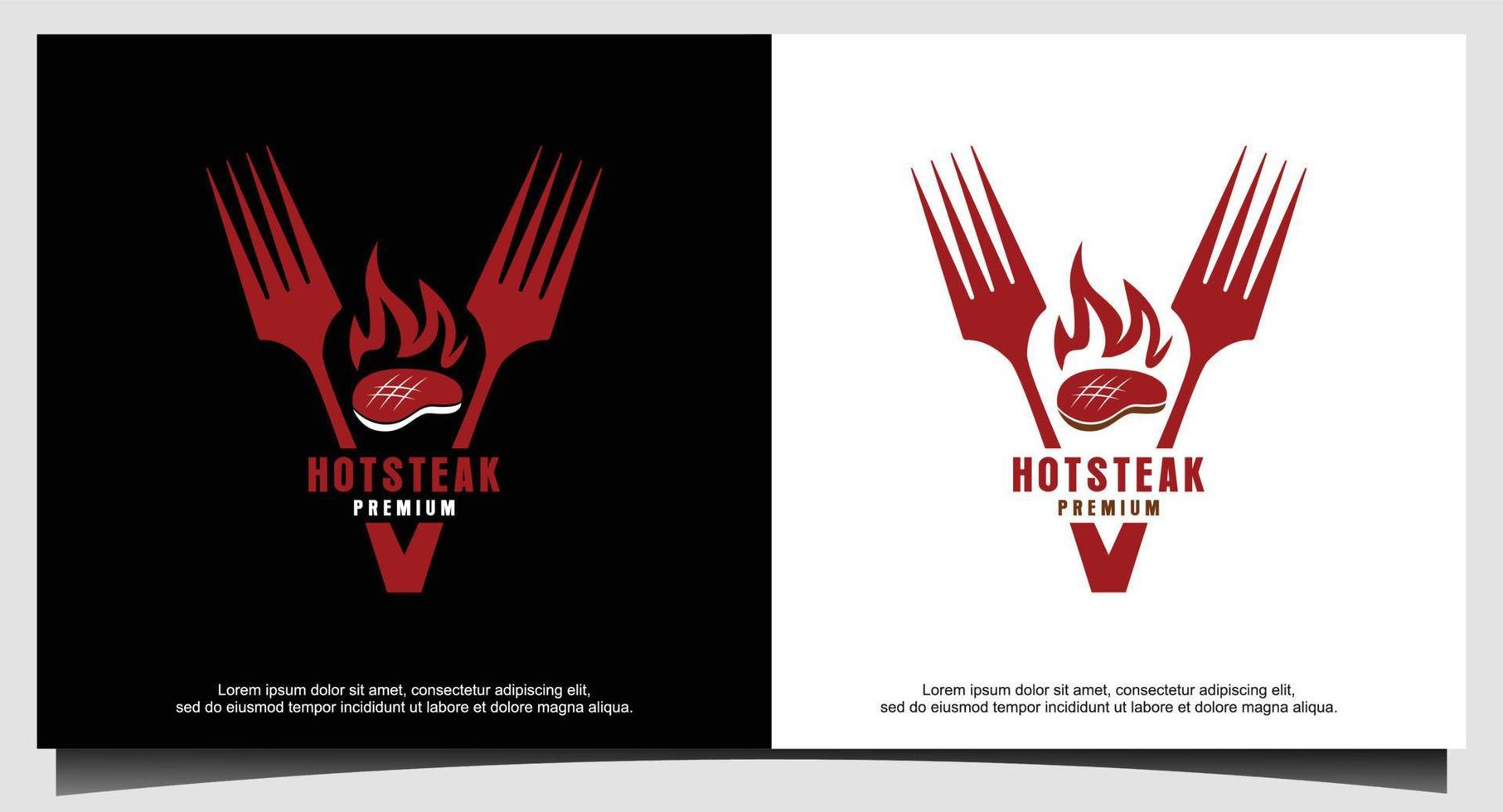 bistec asado parrilla fuego llama tenedor logo vector