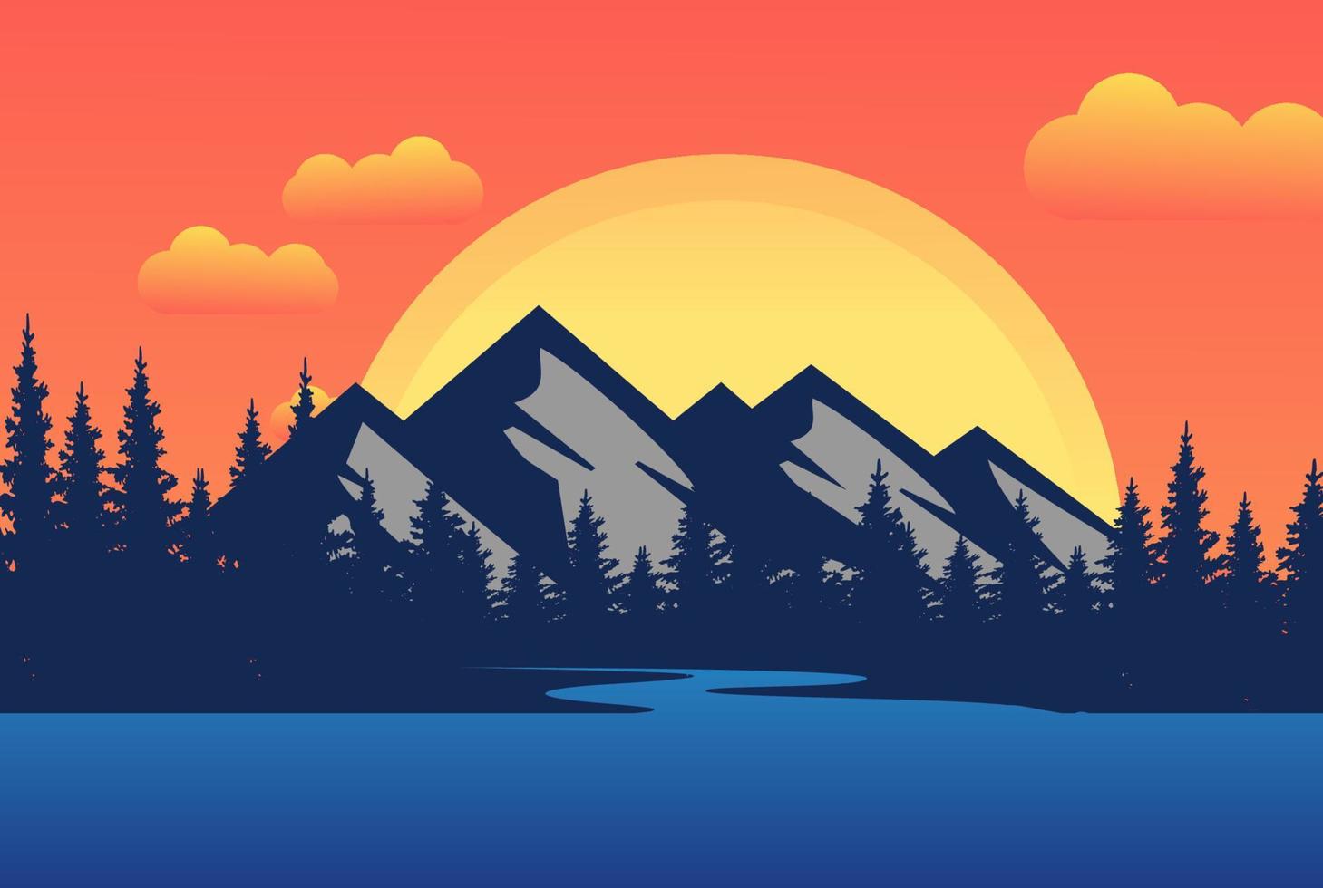 montaña amanecer puesta de sol paisaje con pino cedro abeto conífera abeto siempreverde cicuta alerce cipreses bosque y lago río arroyo, fondo panorámico matutino. ilustración vectorial vector