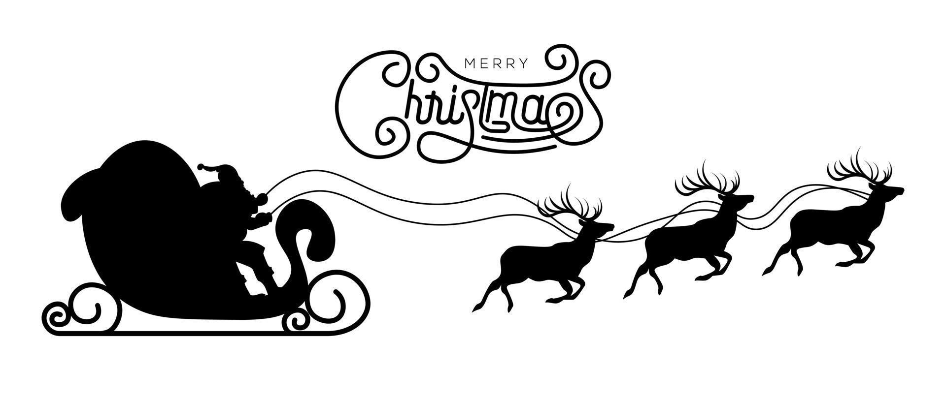 Santa Claus Reindeer Sleigh Silhouette with Merry Christmas Text Vector Illustration Isolated on White Background