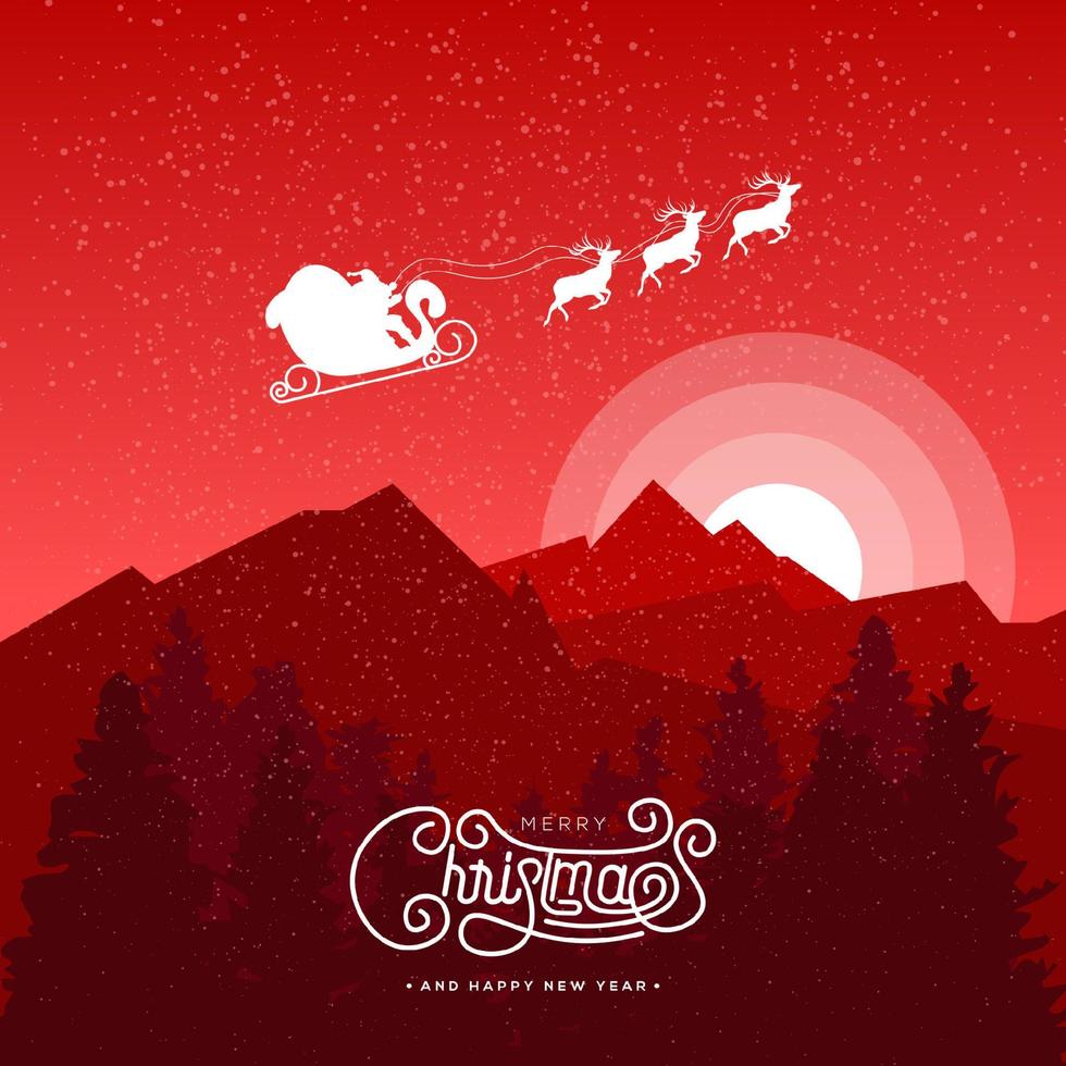 Merry Christmas background vector illustration with Copy space and Santa Claus Reindeer Sleigh Silhouette flying over pine forest on Christmas night