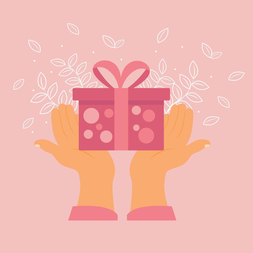 ilustración vector manos sosteniendo regalo san valentín con fondo de hoja rosa