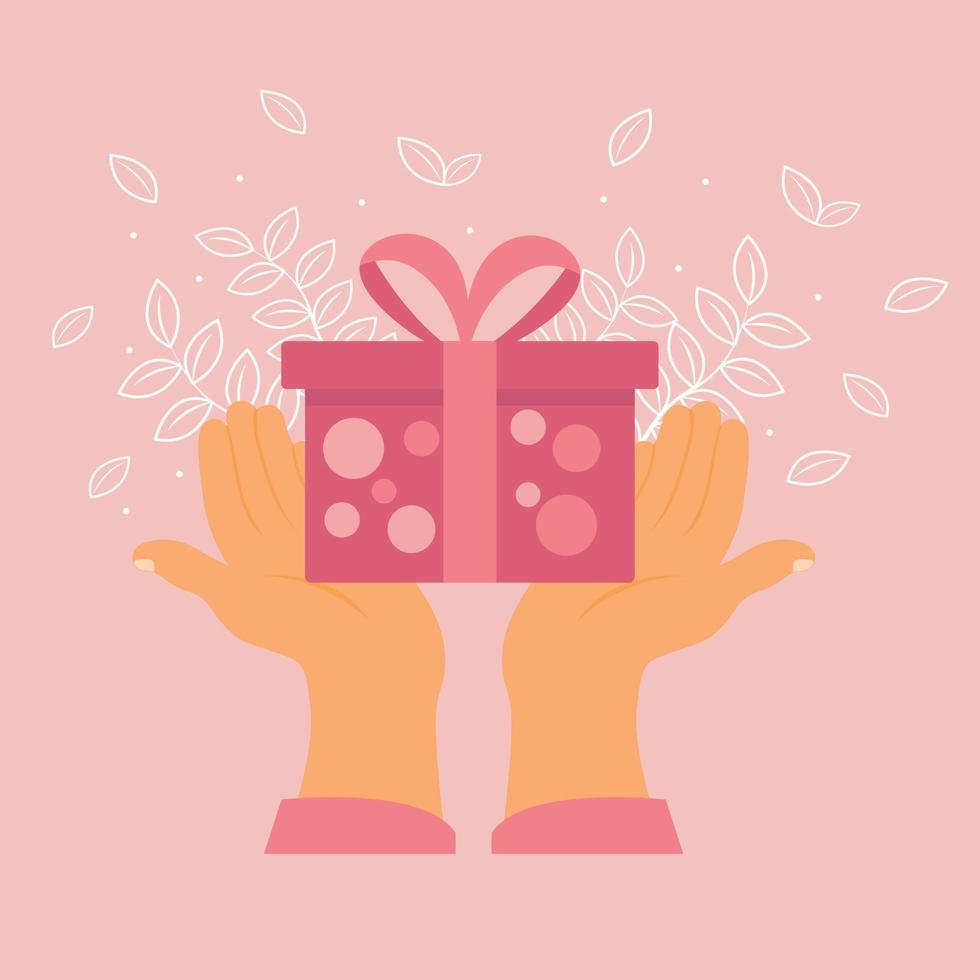 Illustration vector hands holding gift valentines with pink leaf background