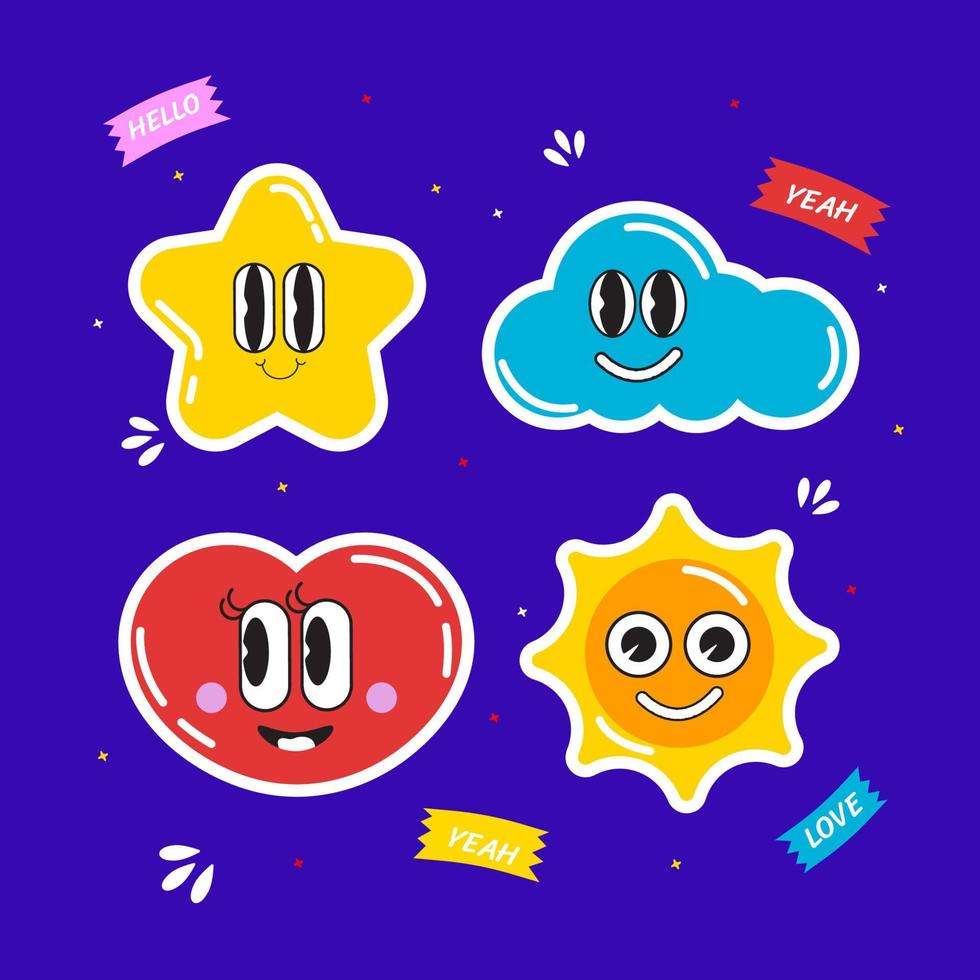 Vector illustrations Hand drawn of design cartoon characters.  stamps or stickers with abstract funny cute comic characters.