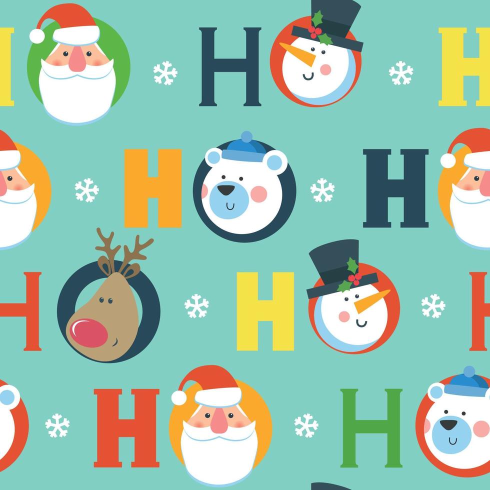 Christmas seamless pattern with Santa snowman deer polar bear head ho ho ho vector