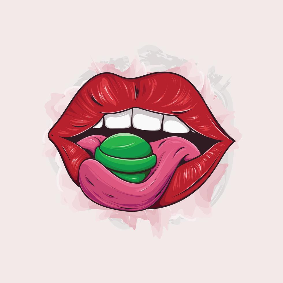 beautiful lips with sweet green candy vector