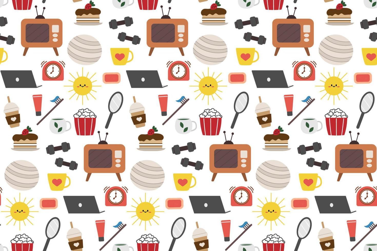 Seamless repeating pattern with cozy household items. Morning and evening routine. Vector illustration.