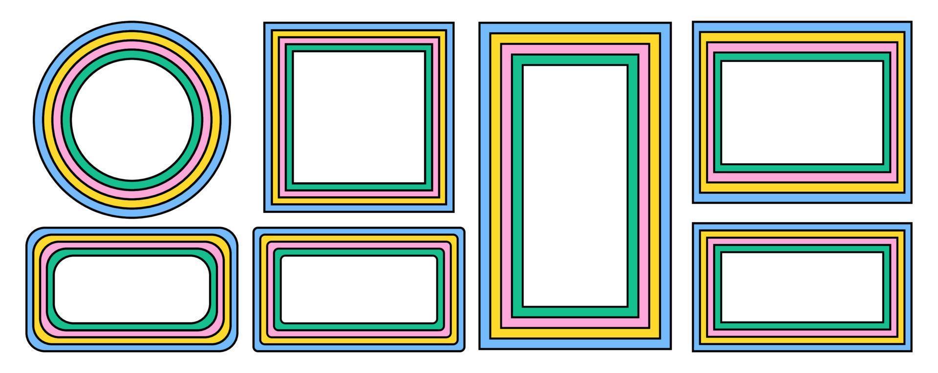 set of rainbow frames in 1970s hippie style. patterns retro vintage 70s groove. collection of round frame, star, rhombus and square. vector illustration design isolated.