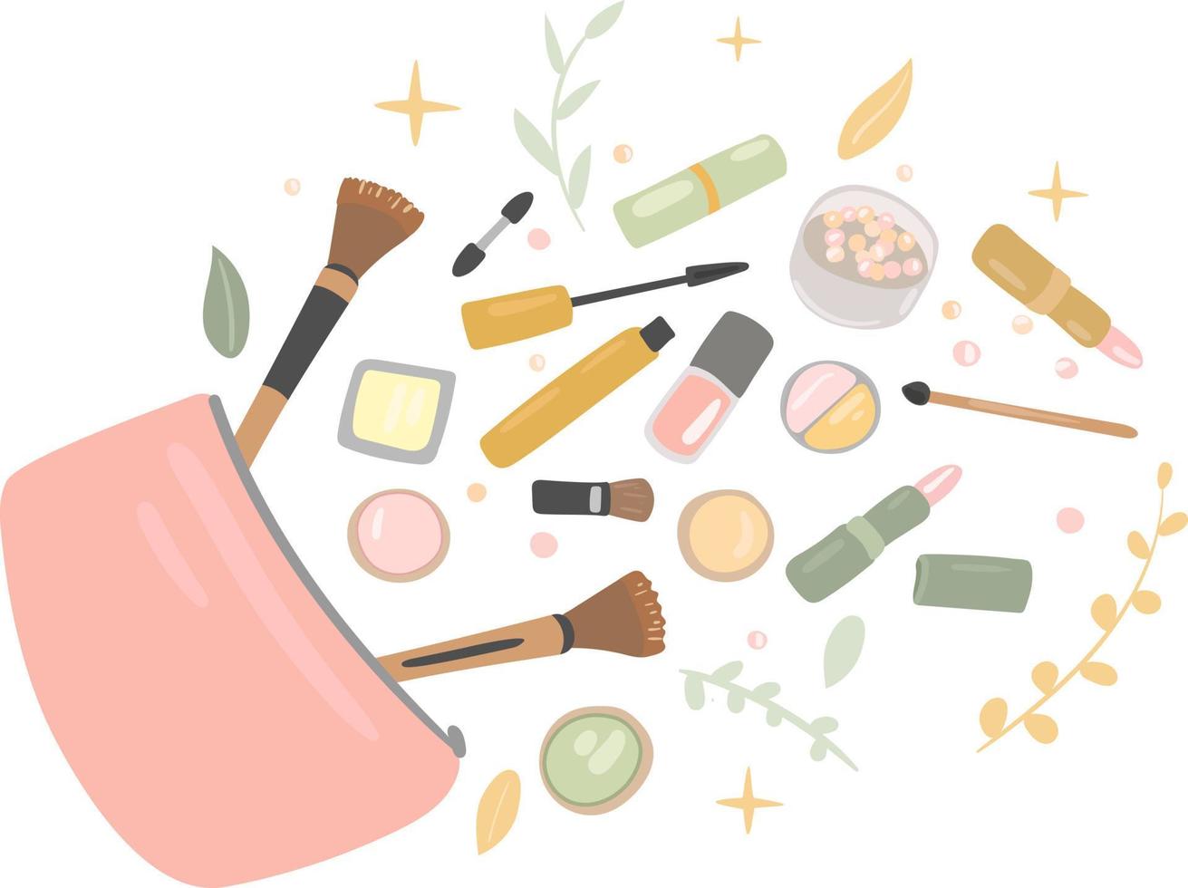 bolsa de cosméticos con varios productos cosméticos. un conjunto de cosméticos para la cara. cosméticos decorativos. vector