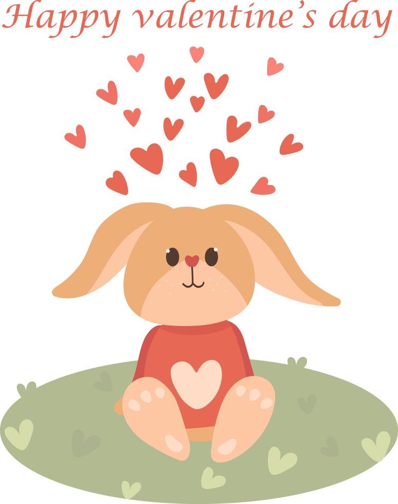A loving rabbit sits in a meadow. Hearts around the rabbit. Valentine's day card. vector