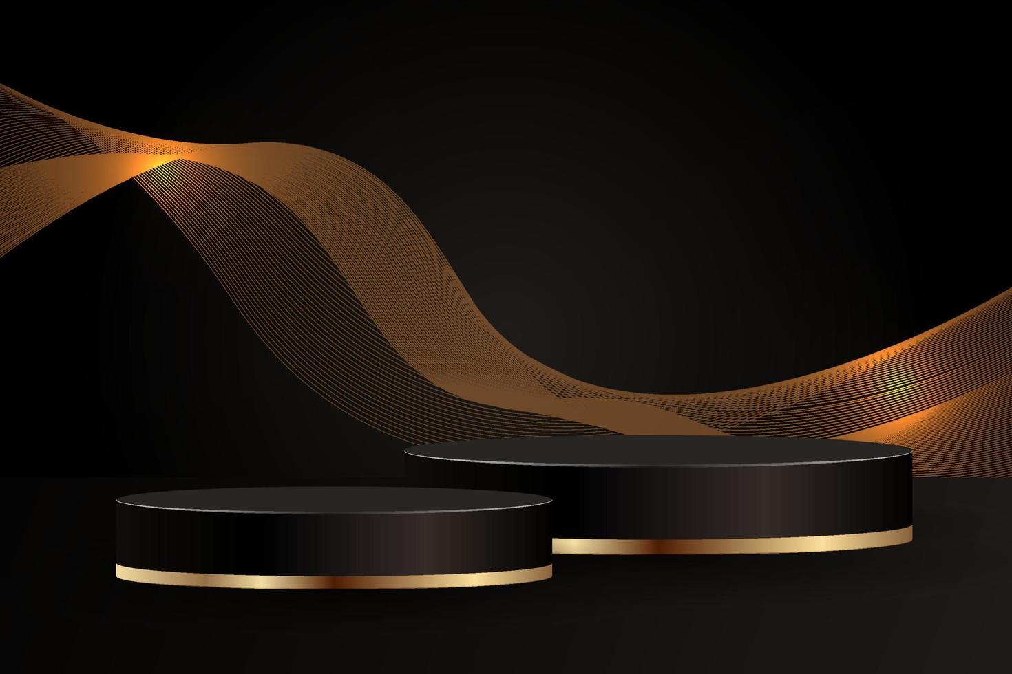 Minimal black scene with golden lines. Cylindrical gold and black podium on a black background vector