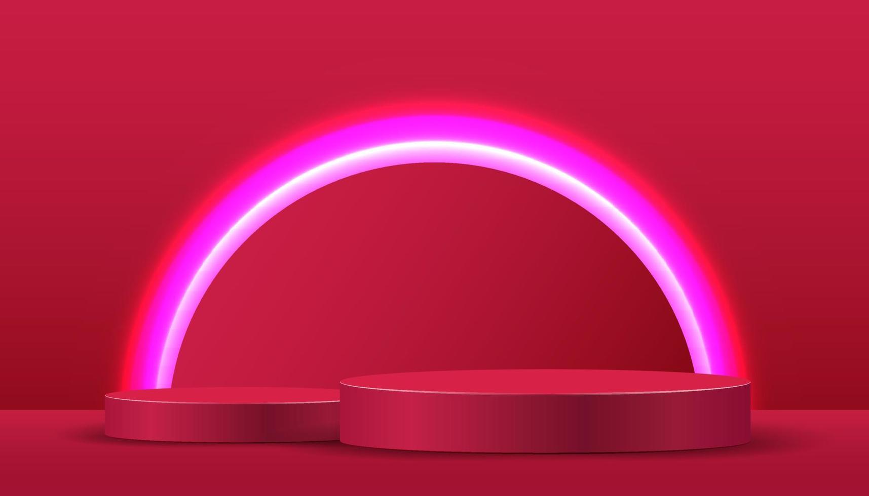 Abstract red cylinder pedestal podium. Red abstract room concept with circle glowing neon lighting. vector