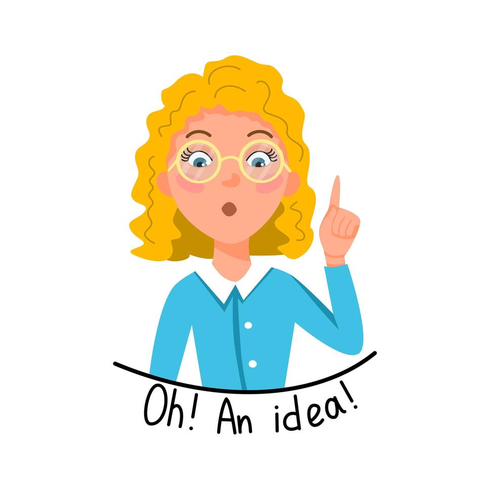 Vector illustration of a light-skinned girl with blonde hair and glasses, who raised her finger up. Oh. The idea.