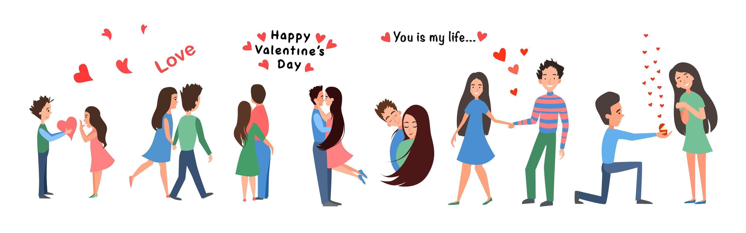 Set Lovers are romantic couples walking together or hugging couples. A man proposes to a girl. Valentine is day, hearts. vector