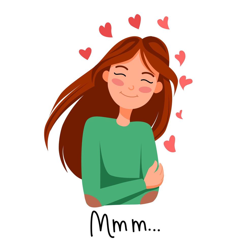 Vector illustration of a light-skinned girl with long hair who hugs herself. Hearts are flying around. Valentines Day greeting card.