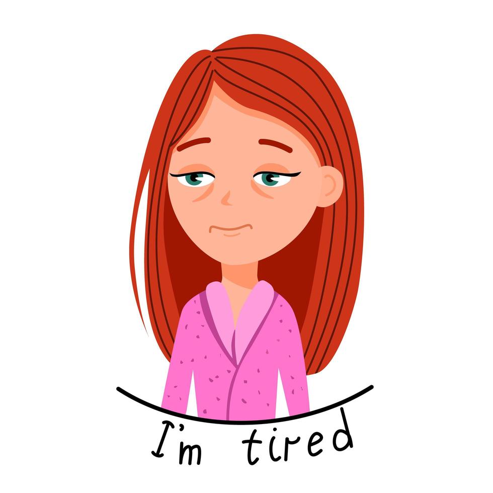 Vector illustration of a light-skinned girl with straight red hair in a pink terry-cloth robe who is tired.