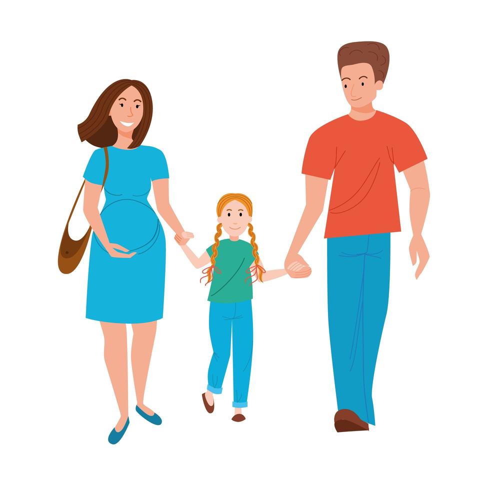 A happy family walks with a child waiting for their second child. vector