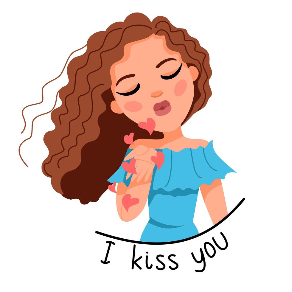 Vector illustration of a light-skinned girl with dark hair who blows a kiss.