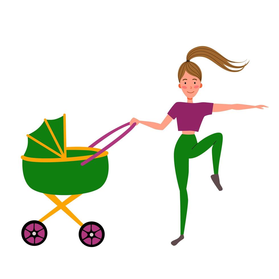 Training with a baby stroller. A girl does sports exercises with her baby. vector