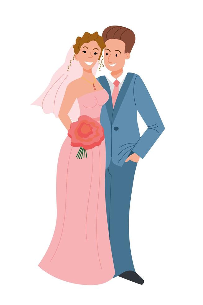 Beautiful young couple of bride and groom embracing on their wedding day. vector