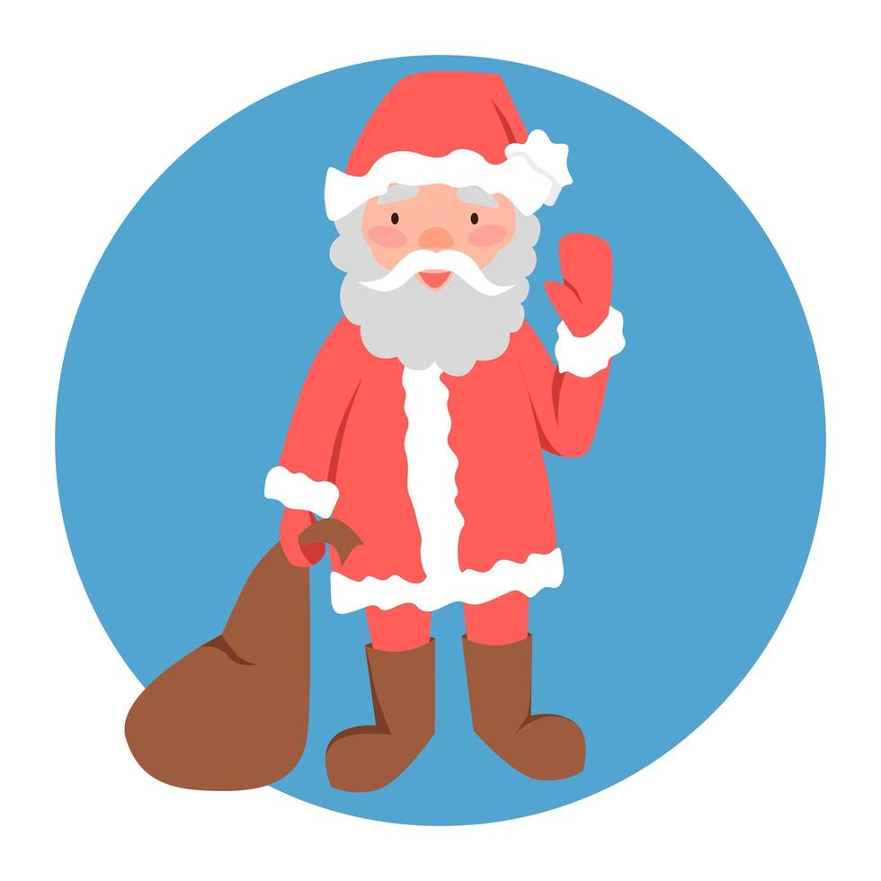 Vector illustration of Santa Claus standing with a bag of gifts and waving his hand.