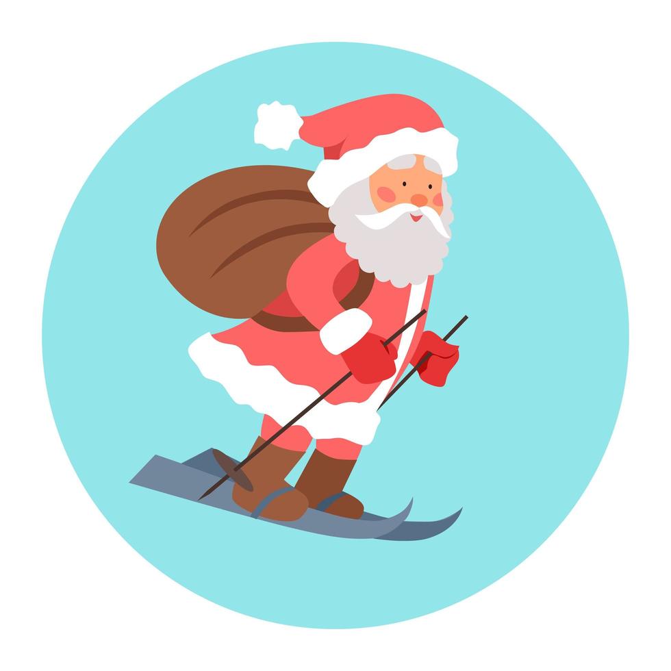 ilustración vectorial de santa claus, que tiene prisa en esquiar con regalos en una bolsa en la nieve. vector